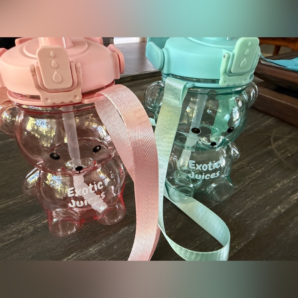 Kawaii Bear kids Water Bottles set of 2  with Straps - Pink and Mint green
